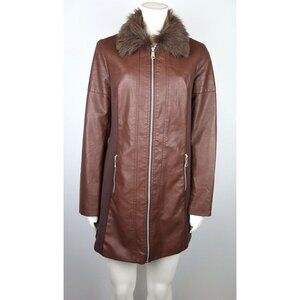 BACCINI - WOMEN'S BROWN FAUX LEATHER JACKET W/ REMOVABLE FAUX FUR COLLAR - M